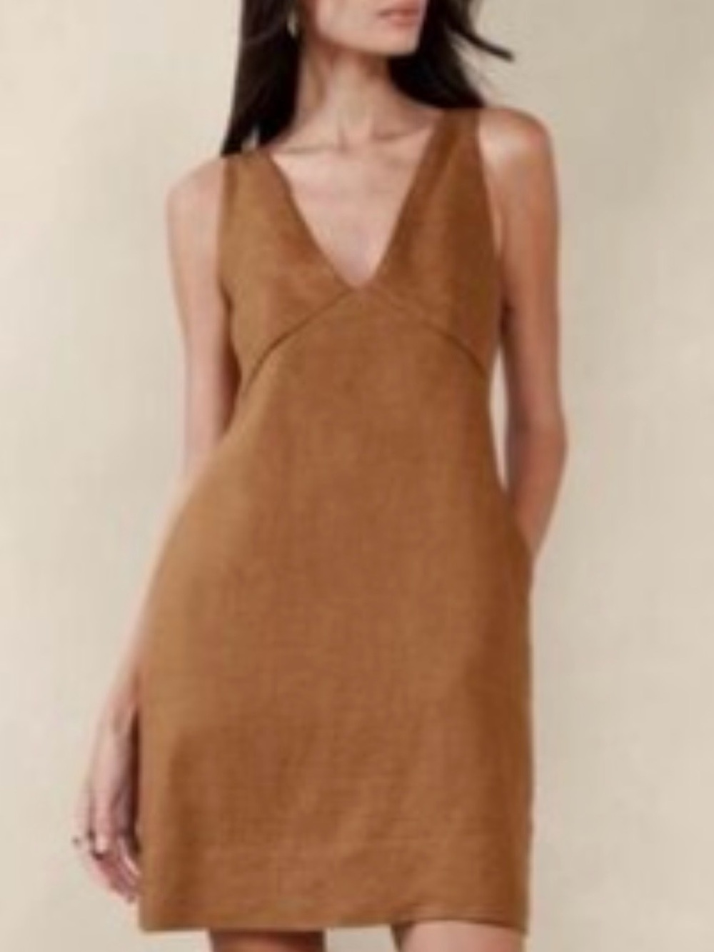 BR Sleeveless V-Neck Linen Dress in LIGHT BROWN w pockets